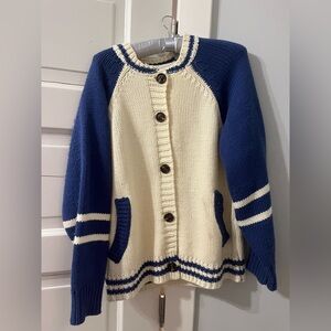 Blue and Off-White Varsity Style Cardigan